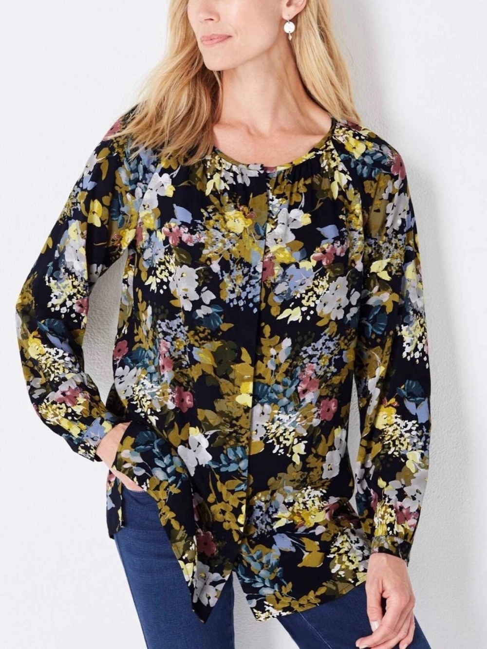 J Jill Shirred Abstract Floral Blouse L Rayon Hidden Button Tunic Boho